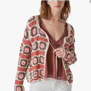 NWT Lucky Brand Crochet Cardigan Granny Square Boho Tie Front XXL #0104